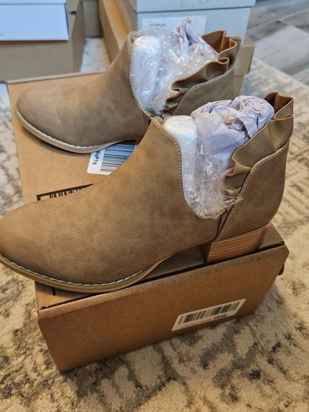 Women’s Taupe Ruffle-Trim Ankle Booties